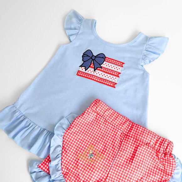 NWT Pretty Girls Top & Shorts Matching Set Embroidered Patchwork 4th of July 3T - Picture 2 of 3